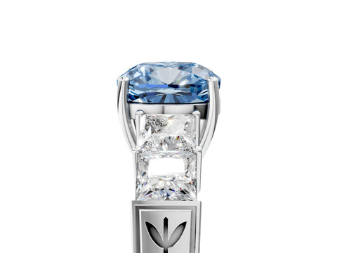 White gold Fancy Blue Cushion Cut Solitaire Princess Side Stone Engraved Band Prong Setting Ring_5