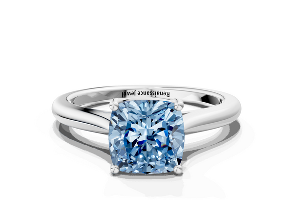 White gold Fancy Blue Cushion  Cut Solitaire Ring with Cathedral Band and Four-Prong Setting