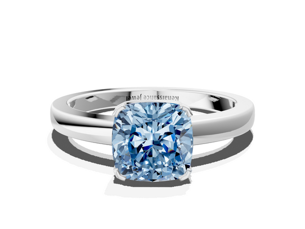 Platinum Fancy Blue Cushion  Cut Solitaire Ring with Four-Prong Setting and Classic Band