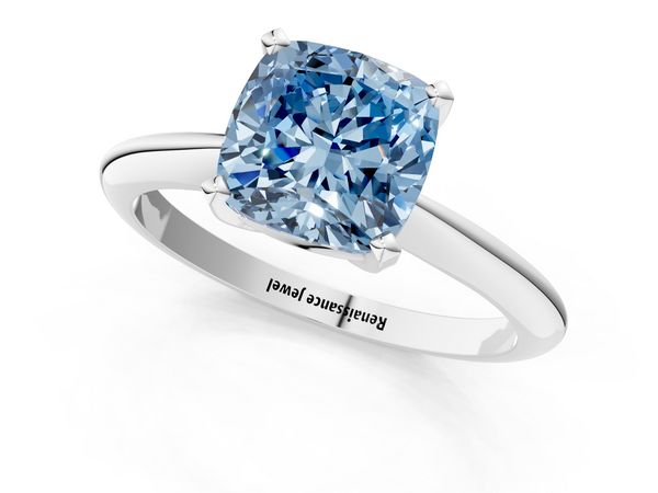 Platinum Fancy Blue Cushion  Cut Solitaire Ring with Four-Prong Setting on a Classic Band