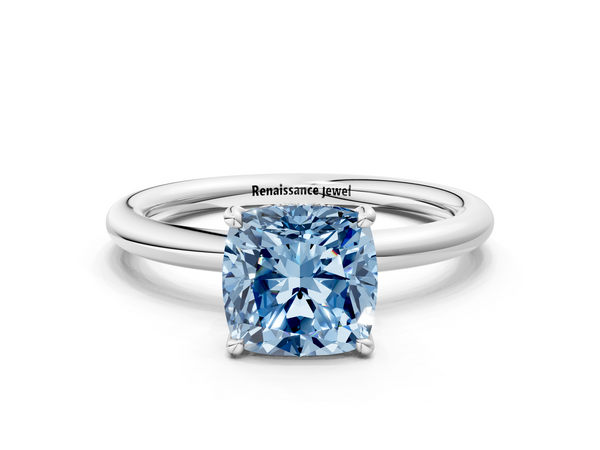 Platinum Fancy Blue Cushion Cut Diamond Solitaire Ring with Thin Band and Four-Prong Setting