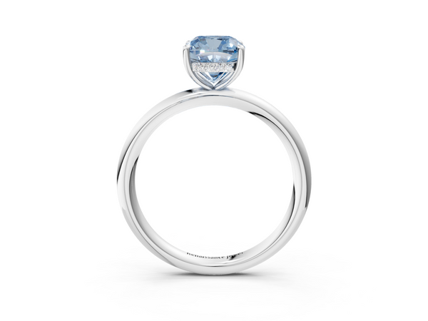 Platinum Fancy Blue Cushion Cut Diamond Solitaire Ring with Thin Band and Four-Prong Setting