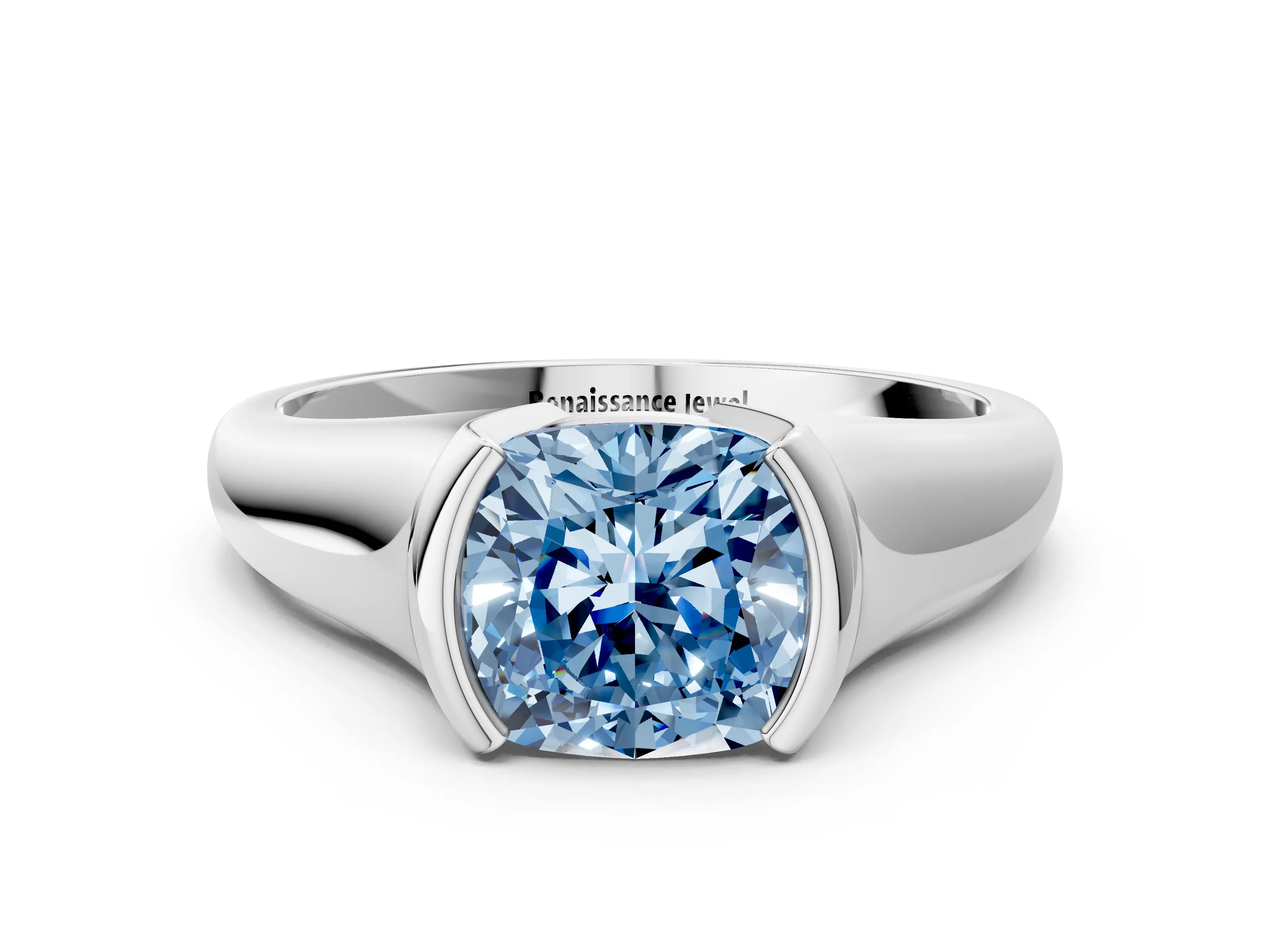White gold Fancy Blue Cushion Cut Solitaire Tension Set Diamond Ring with Split Shank Band