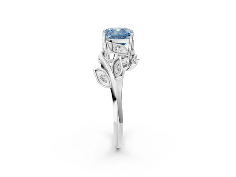 White gold Fancy Blue Cushion Cut Solitaire Twist Engagement Ring with Leaf Accents and Prong Setting_14