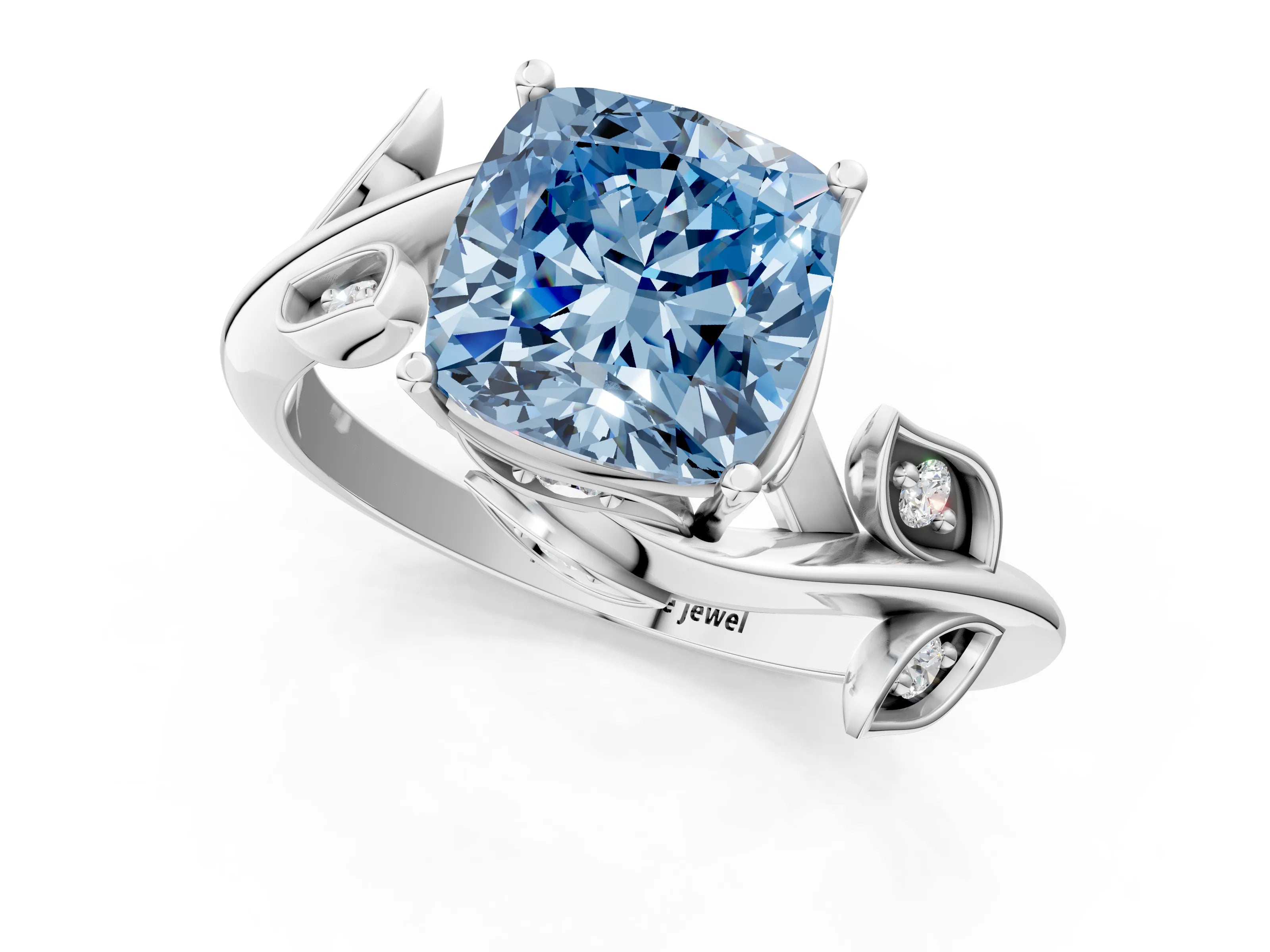 White gold Fancy Blue Cushion Cut Solitaire Twist Engagement Ring with Leaf Accents and Prong Setting_1