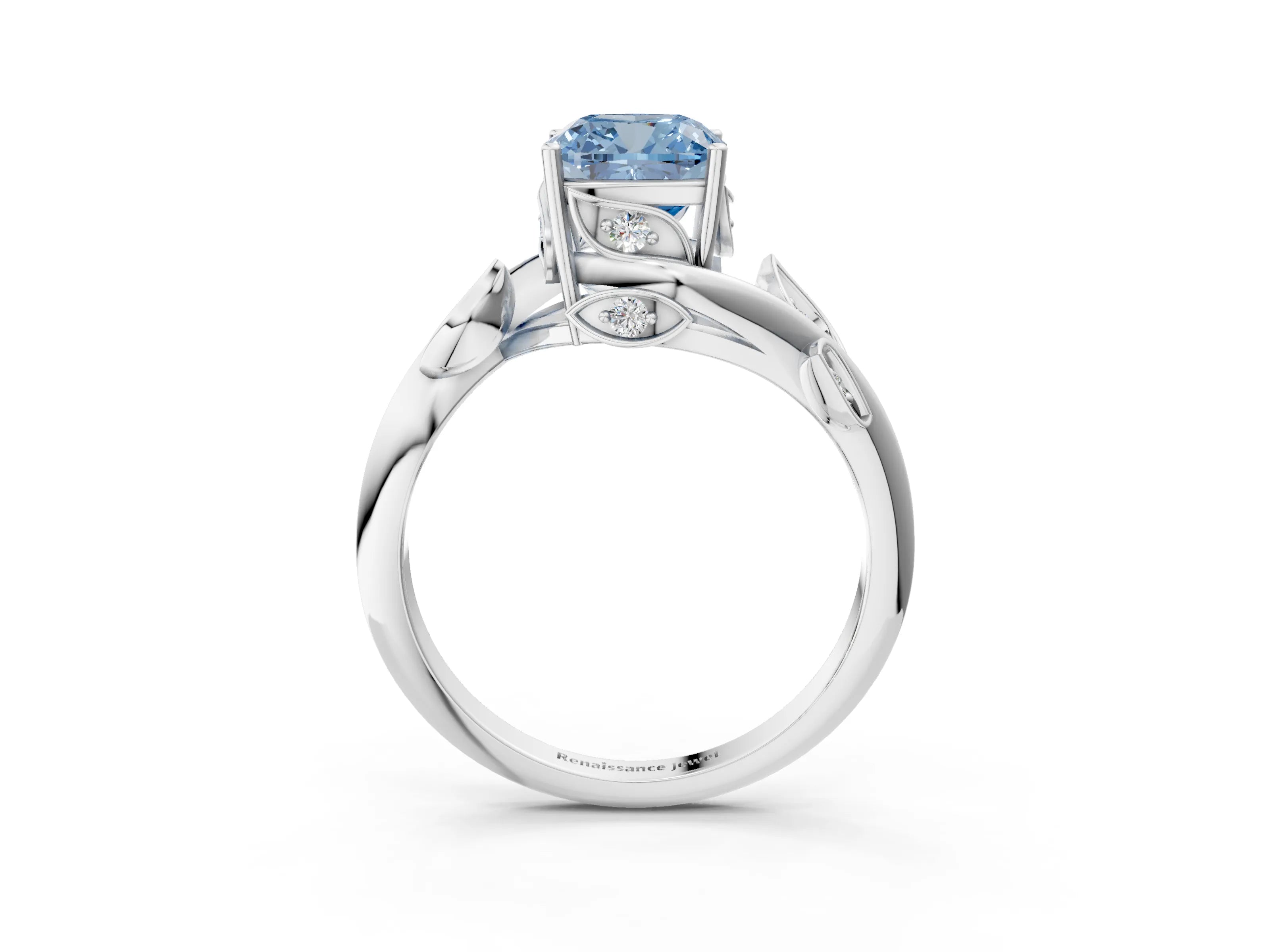 White gold Fancy Blue Cushion Cut Solitaire Twist Engagement Ring with Leaf Accents and Prong Setting_3