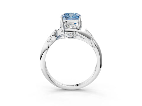 White gold Fancy Blue Cushion Cut Solitaire Twist Engagement Ring with Leaf Accents and Prong Setting_3