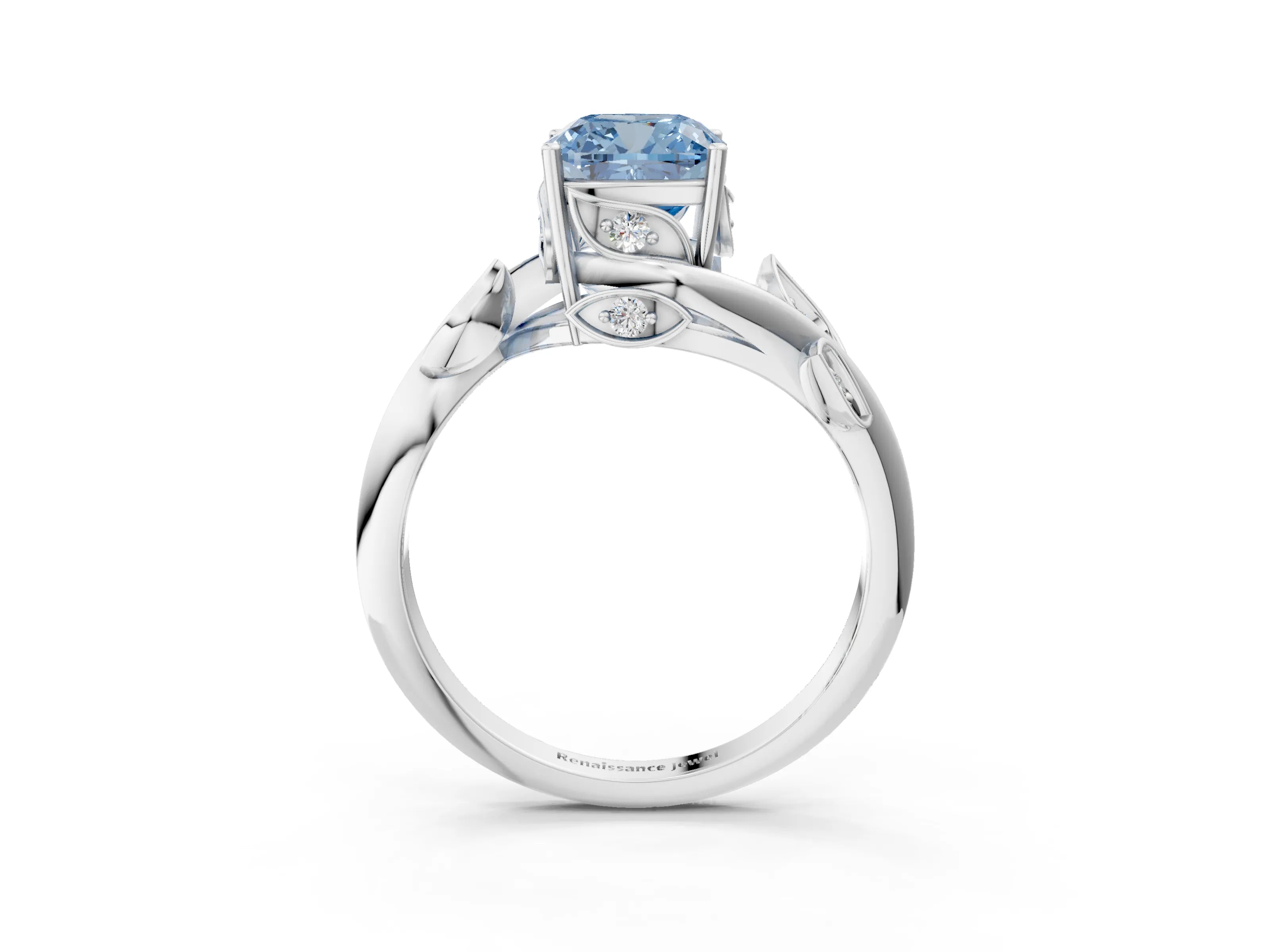 White gold Fancy Blue Cushion Cut Solitaire Twist Engagement Ring with Leaf Accents and Prong Setting_3