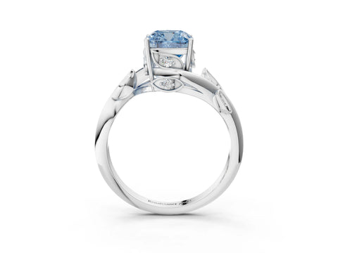 White gold Fancy Blue Cushion Cut Solitaire Twist Engagement Ring with Leaf Accents and Prong Setting_3