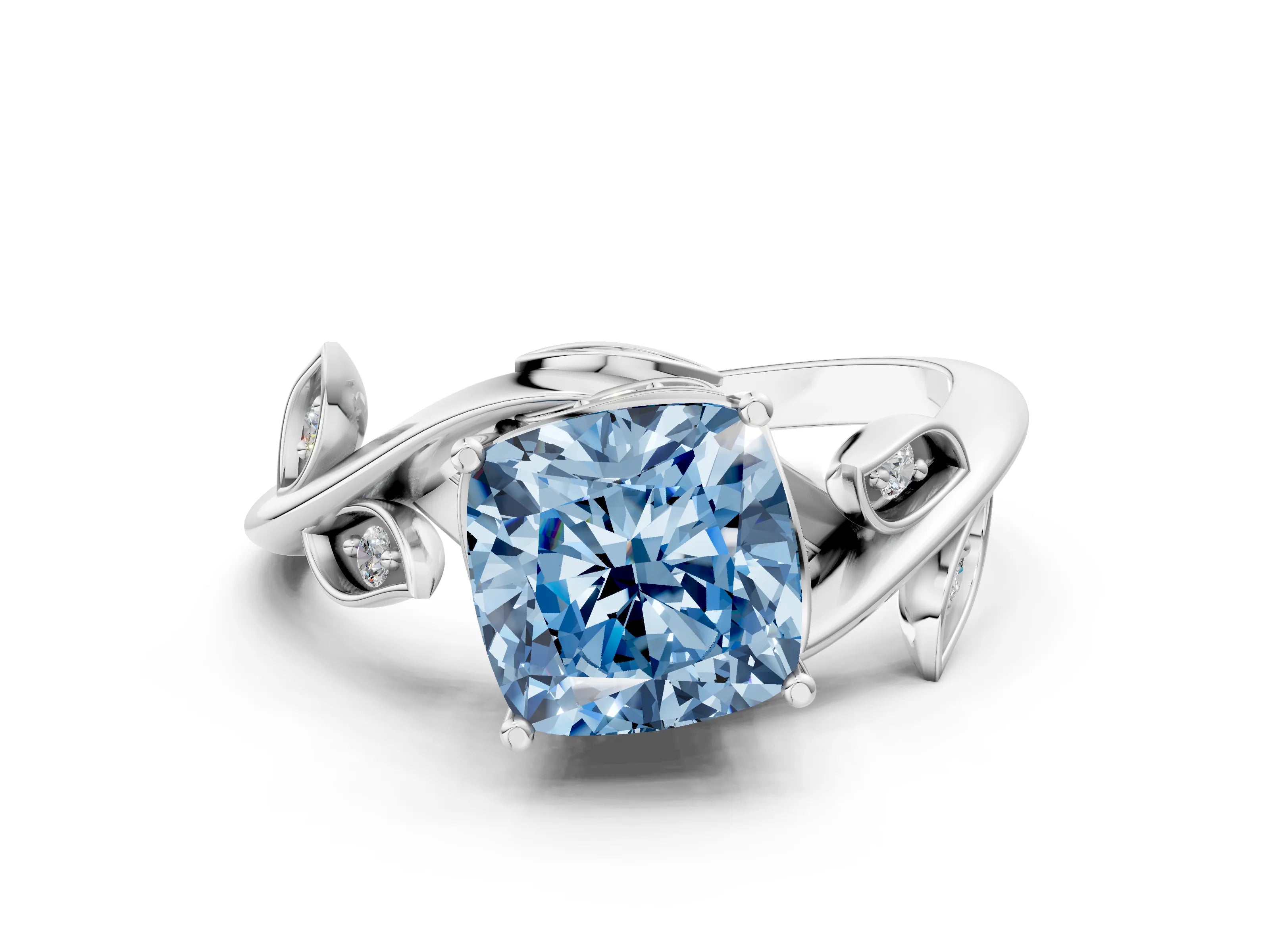 White gold Fancy Blue Cushion Cut Solitaire Twist Engagement Ring with Leaf Accents and Prong Setting