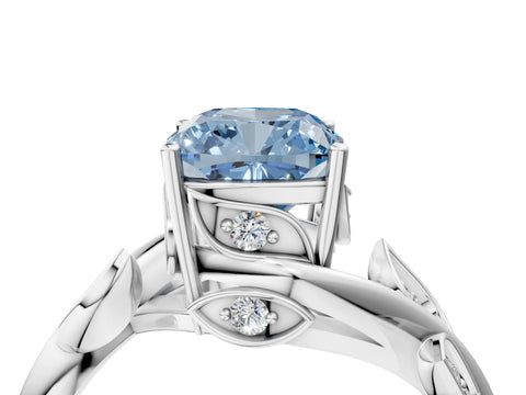 White gold Fancy Blue Cushion Cut Solitaire Twist Engagement Ring with Leaf Accents and Prong Setting_4