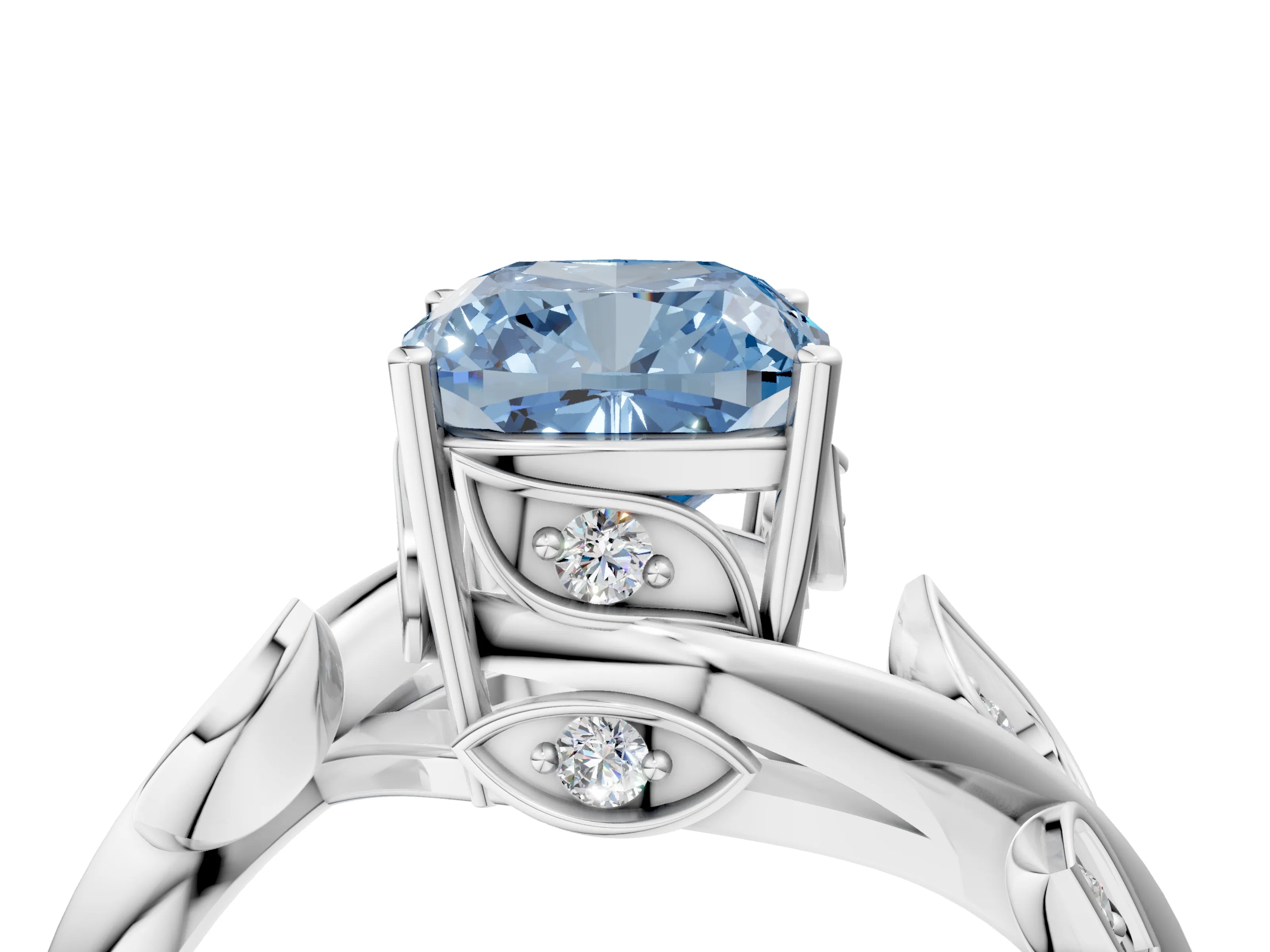 White gold Fancy Blue Cushion Cut Solitaire Twist Engagement Ring with Leaf Accents and Prong Setting_4