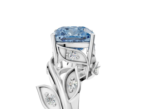 White gold Fancy Blue Cushion Cut Solitaire Twist Engagement Ring with Leaf Accents and Prong Setting_5