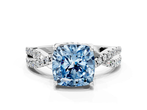 White gold Fancy Blue Cushion Cut Solitaire Twist Pave Diamond Engagement Ring with Prong Setting