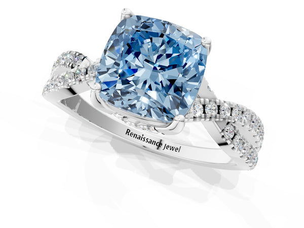 White gold Fancy Blue Cushion Cut Solitaire Twist Pave Diamond Engagement Ring with Prong Setting