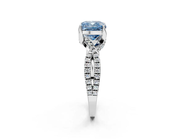 White gold Fancy Blue Cushion Cut Solitaire Twist Pave Diamond Engagement Ring with Prong Setting