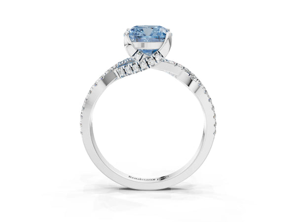 White gold Fancy Blue Cushion Cut Solitaire Twist Pave Diamond Engagement Ring with Prong Setting