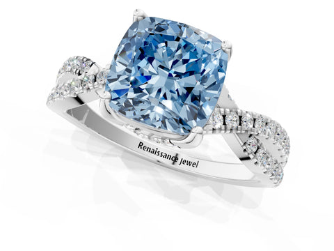 White gold Fancy Blue Cushion Cut Solitaire Twist Pave Diamond Engagement Ring with Prong Setting_1