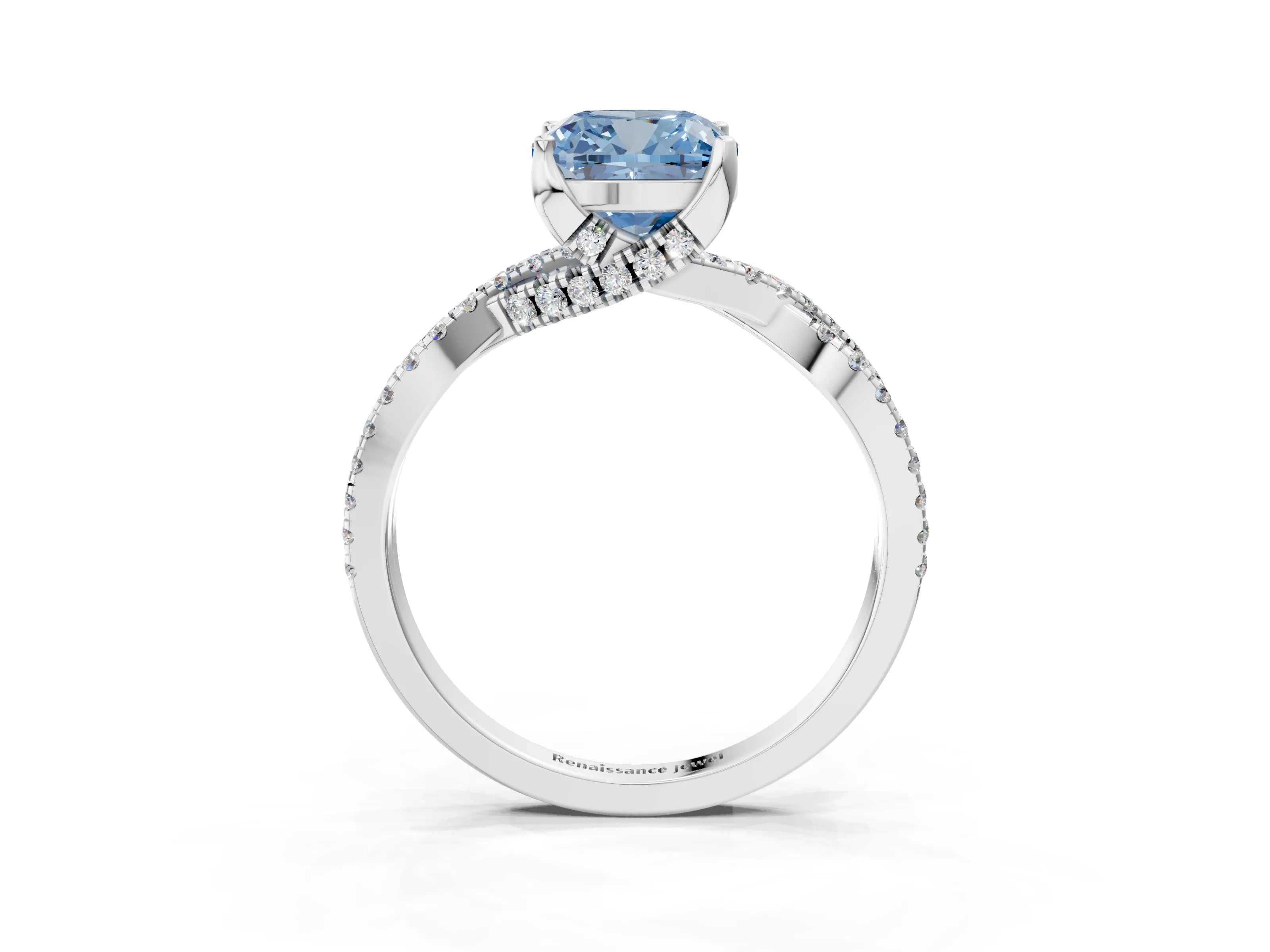 White gold Fancy Blue Cushion Cut Solitaire Twist Pave Diamond Engagement Ring with Prong Setting_3