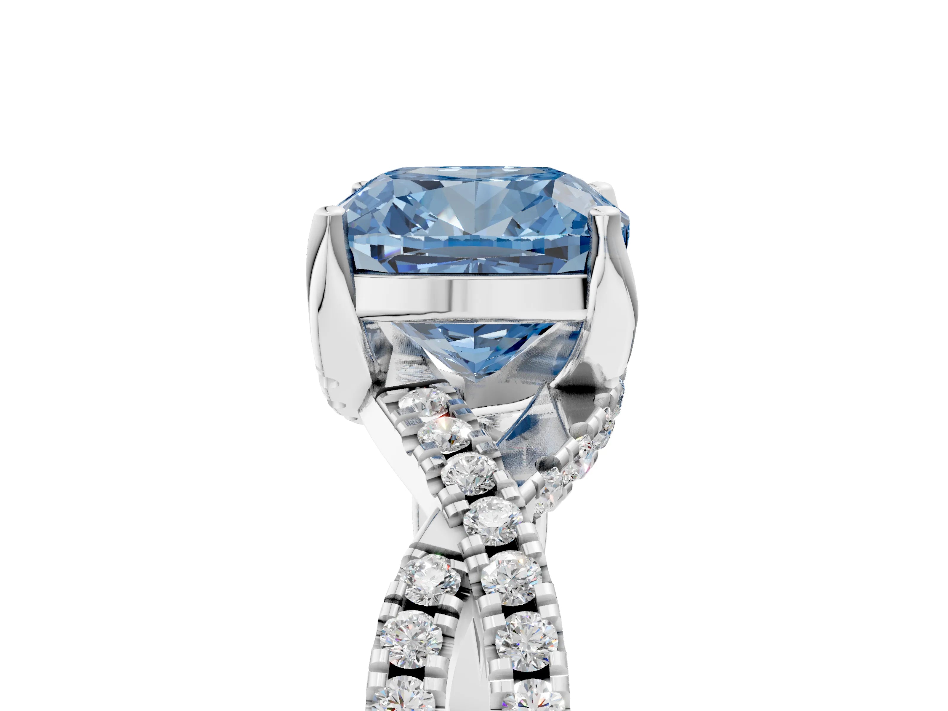 White gold Fancy Blue Cushion Cut Solitaire Twist Pave Diamond Engagement Ring with Prong Setting_5