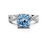 White gold Fancy Blue Cushion Cut Solitaire Twist Pave Diamond Engagement Ring with Prong Setting