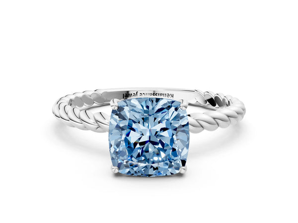 Platinum Fancy Blue Cushion Cut Solitaire Twisted Band 4-Prong Ring