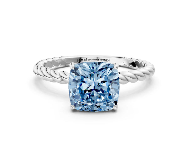 Platinum Fancy Blue Cushion Cut Solitaire Twisted Band 4-Prong Ring