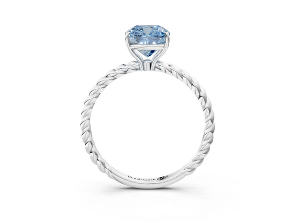 Platinum Fancy Blue Cushion Cut Solitaire Twisted Band 4-Prong Ring