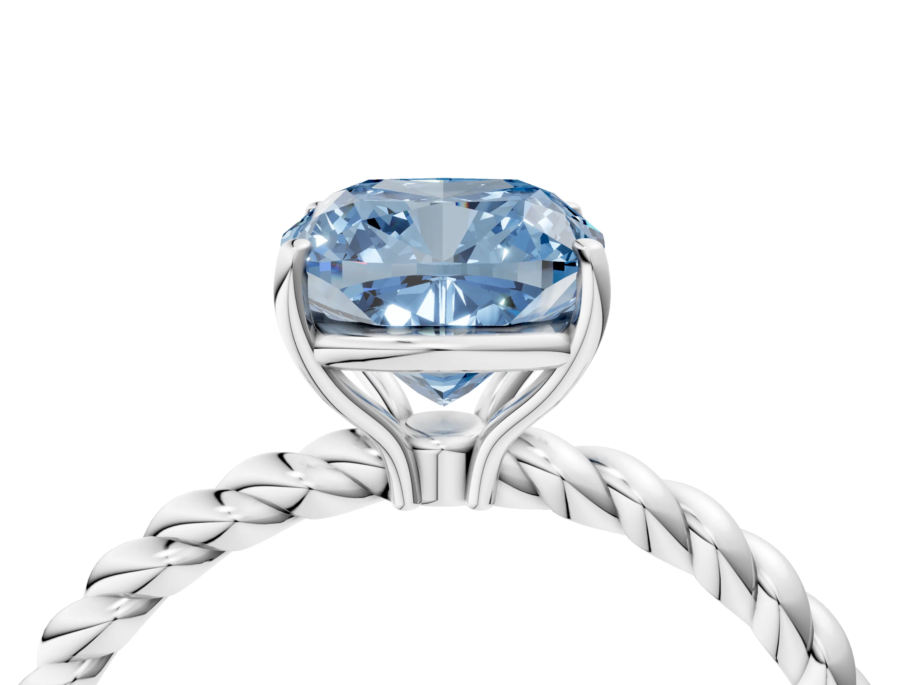 White gold Fancy Blue Cushion Cut Solitaire Twisted Band 4-Prong Ring_40
