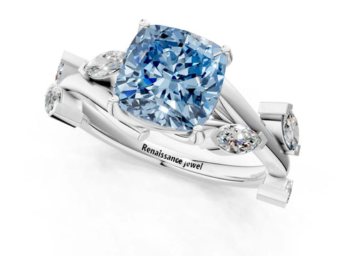 White gold Fancy Blue Cushion Cut Solitaire Twisted Band Marquise Accent Prong Setting Ring_1