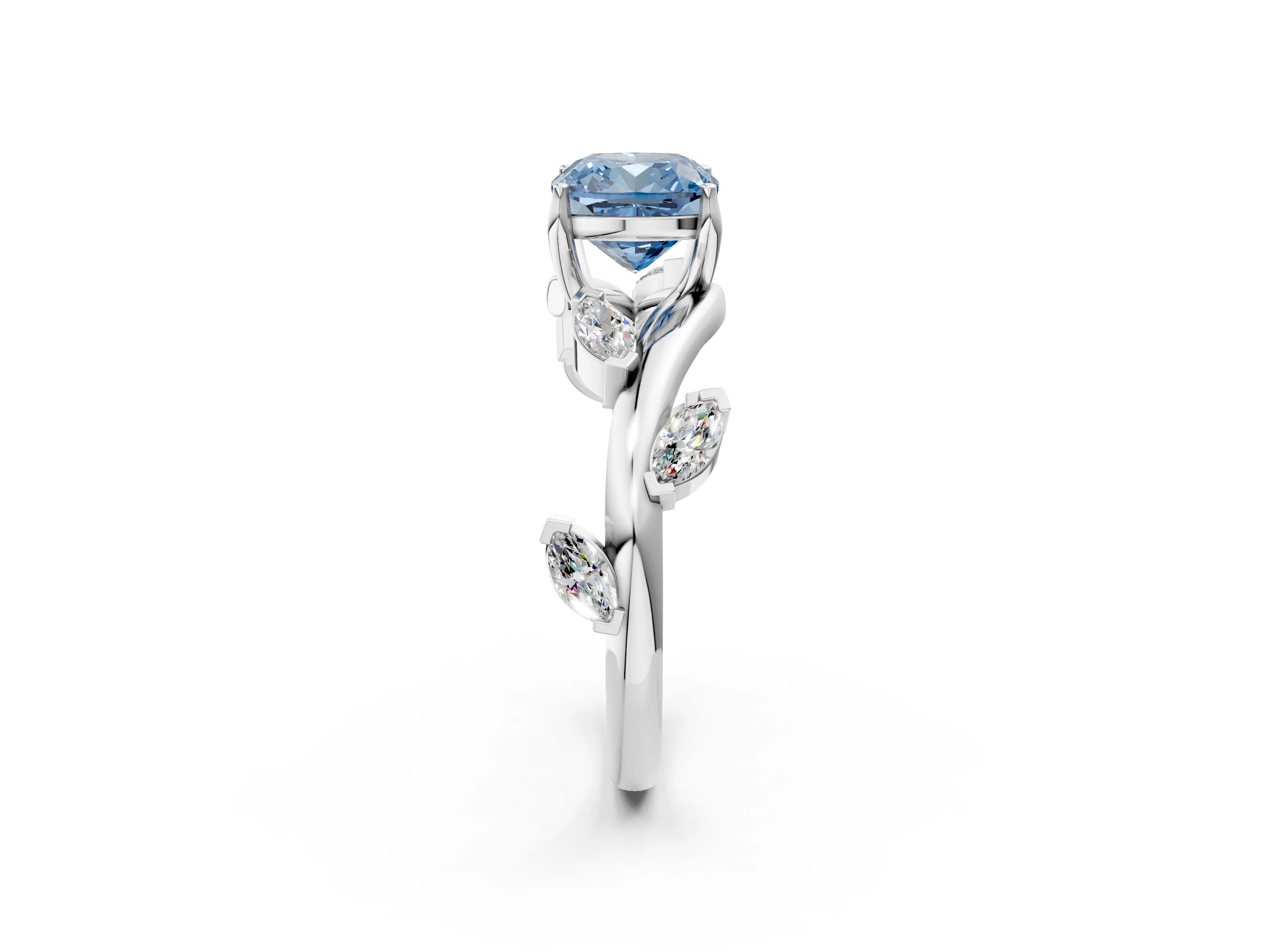 White gold Fancy Blue Cushion Cut Solitaire Twisted Band Marquise Accent Prong Setting Ring_2