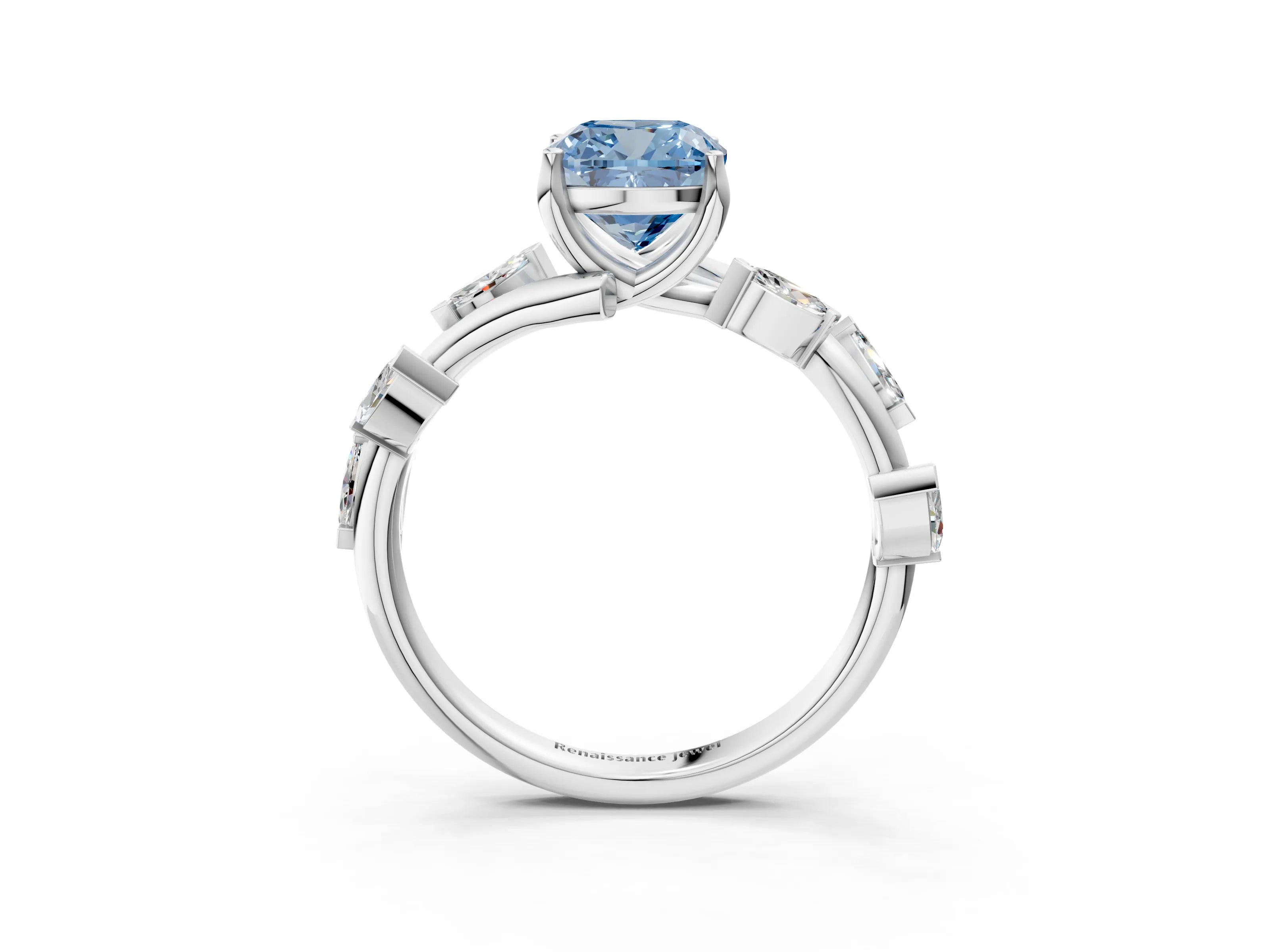 White gold Fancy Blue Cushion Cut Solitaire Twisted Band Marquise Accent Prong Setting Ring_3