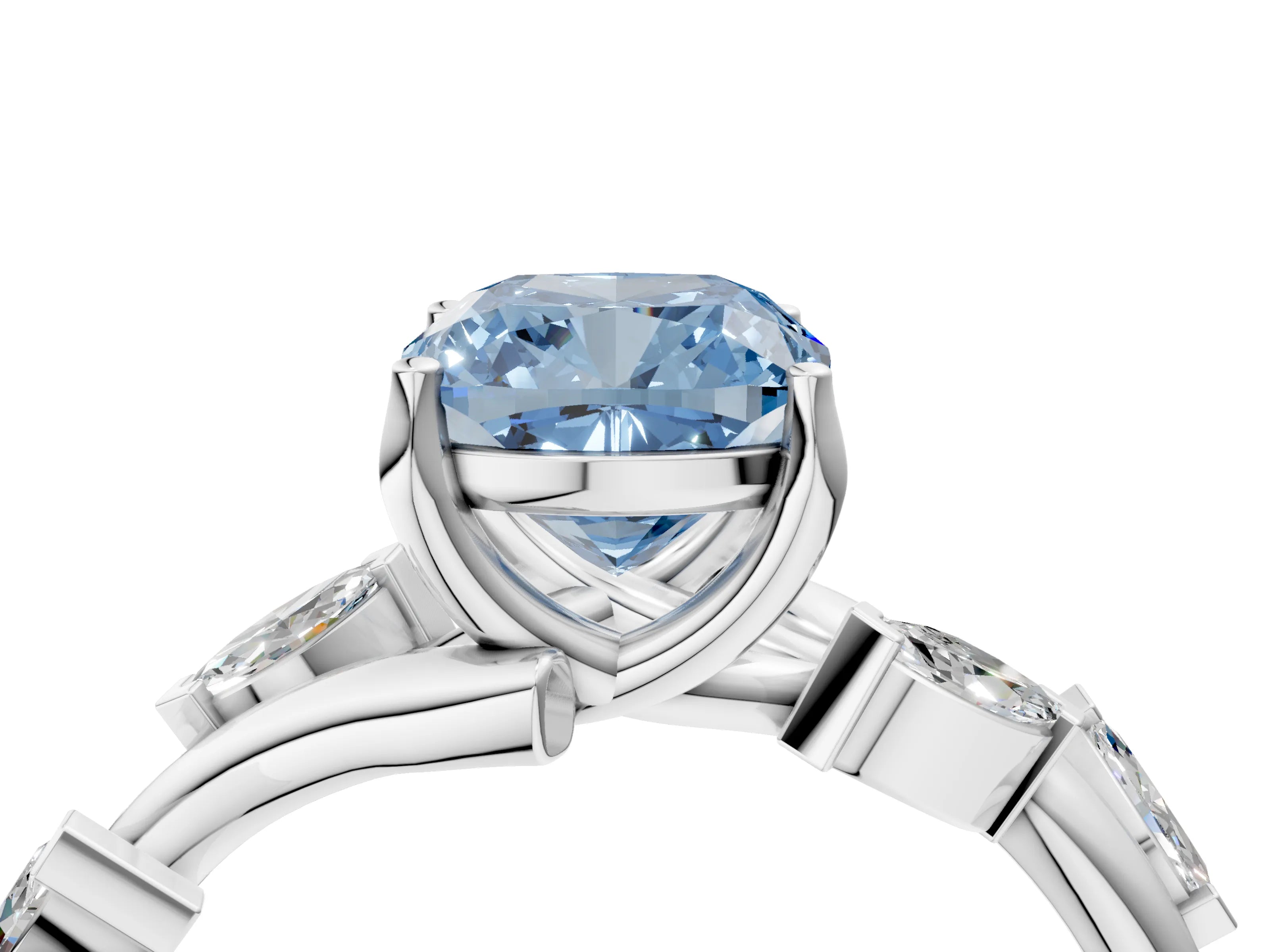 White gold Fancy Blue Cushion Cut Solitaire Twisted Band Marquise Accent Prong Setting Ring_4