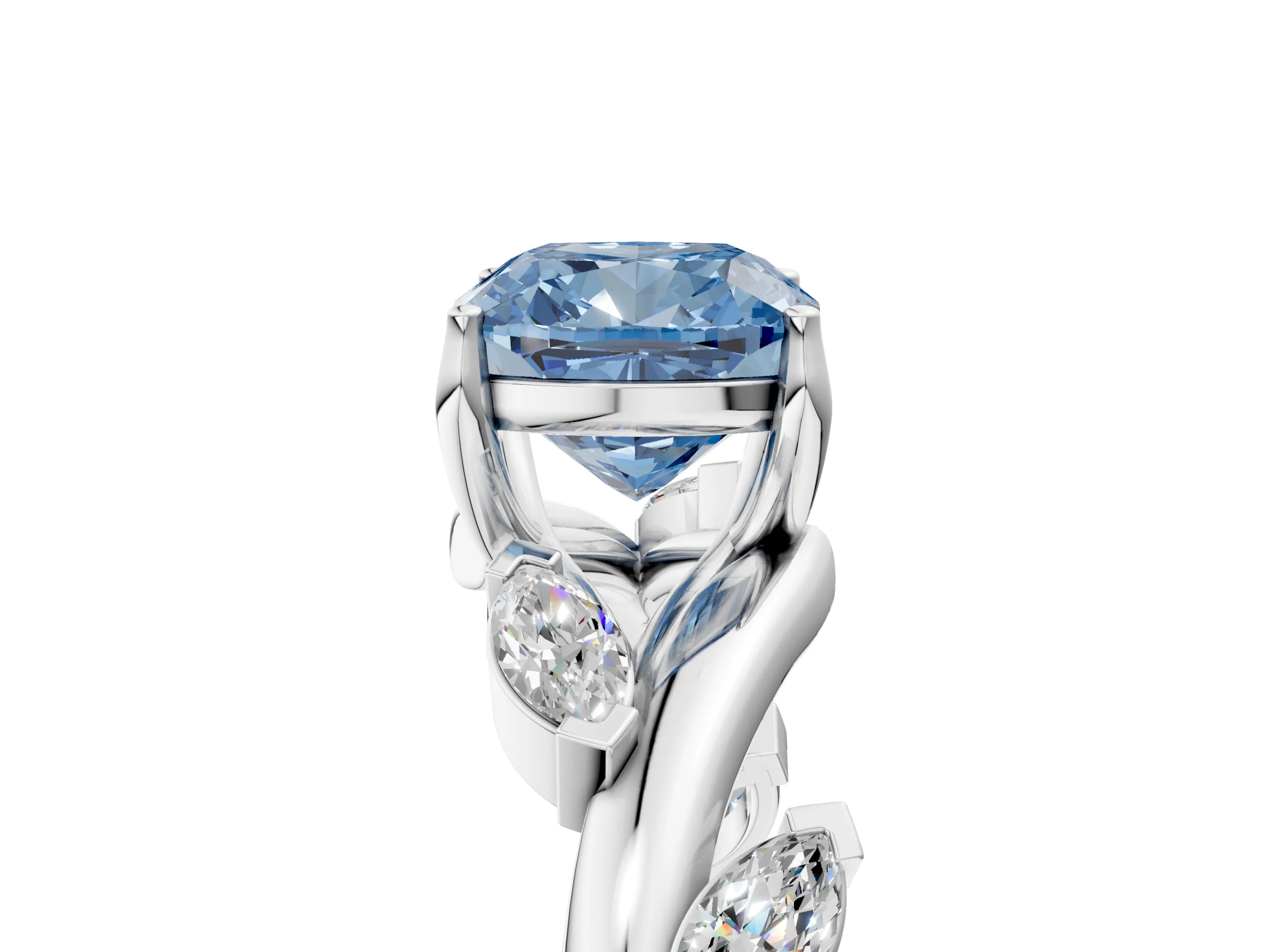 White gold Fancy Blue Cushion Cut Solitaire Twisted Band Marquise Accent Prong Setting Ring_5