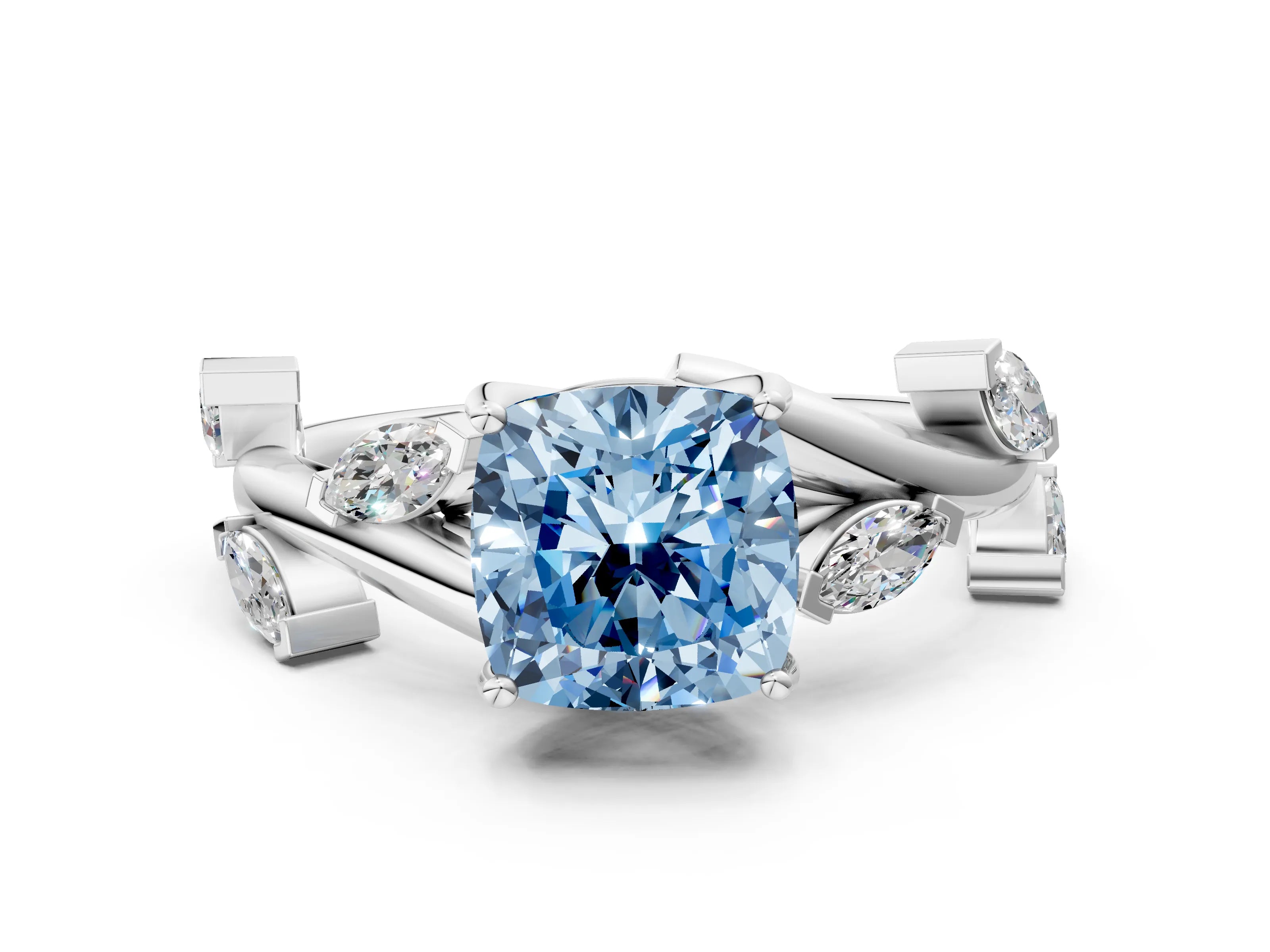 White gold Fancy Blue Cushion Cut Solitaire Twisted Band Marquise Accent Prong Setting Ring