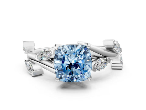 White gold Fancy Blue Cushion Cut Solitaire Twisted Band Marquise Accent Prong Setting Ring