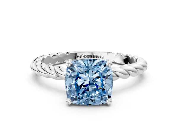 White gold Fancy Blue Cushion  Cut Solitaire Twisted Band with Four-Prong Setting