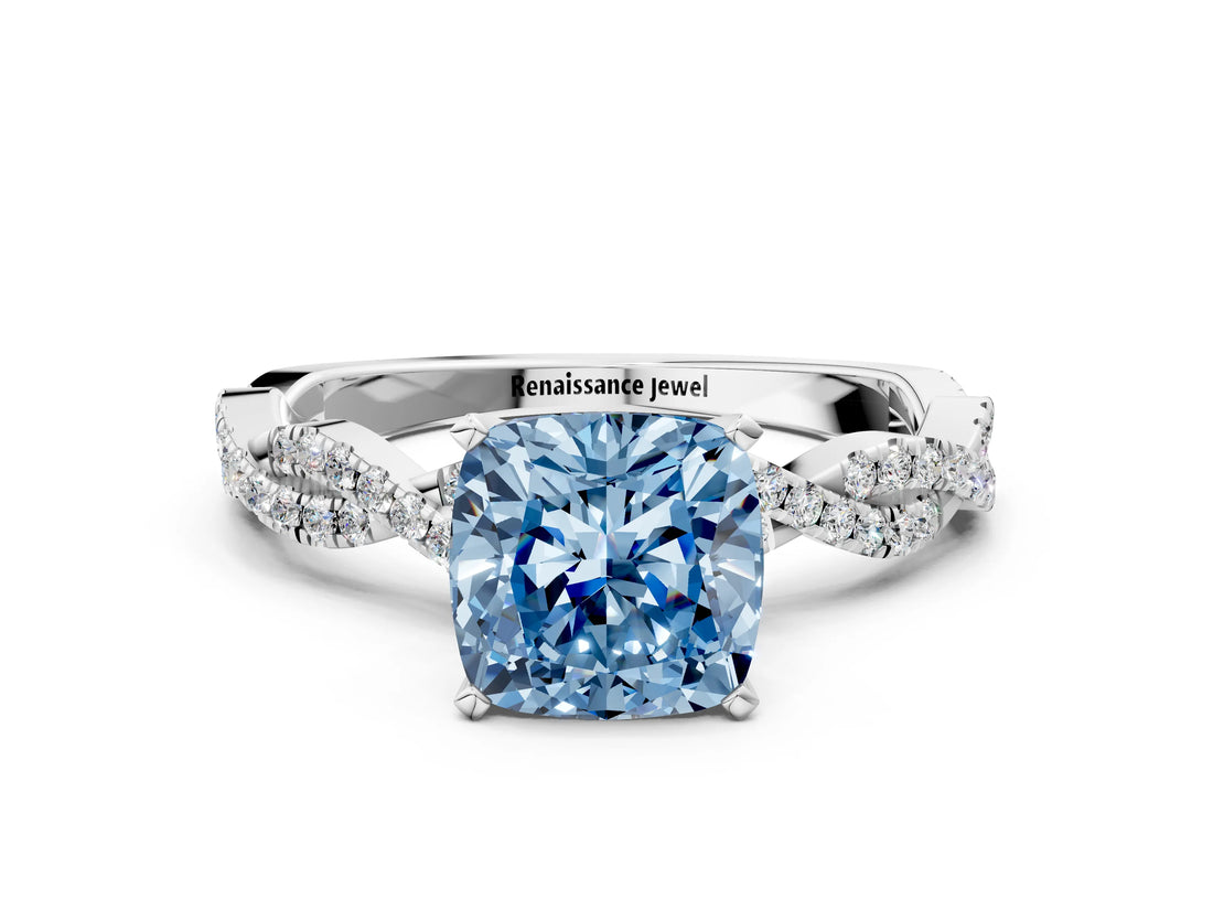 White gold Fancy Blue Cushion Cut Solitaire Twisted Pave Band with Four-Prong Setting_15