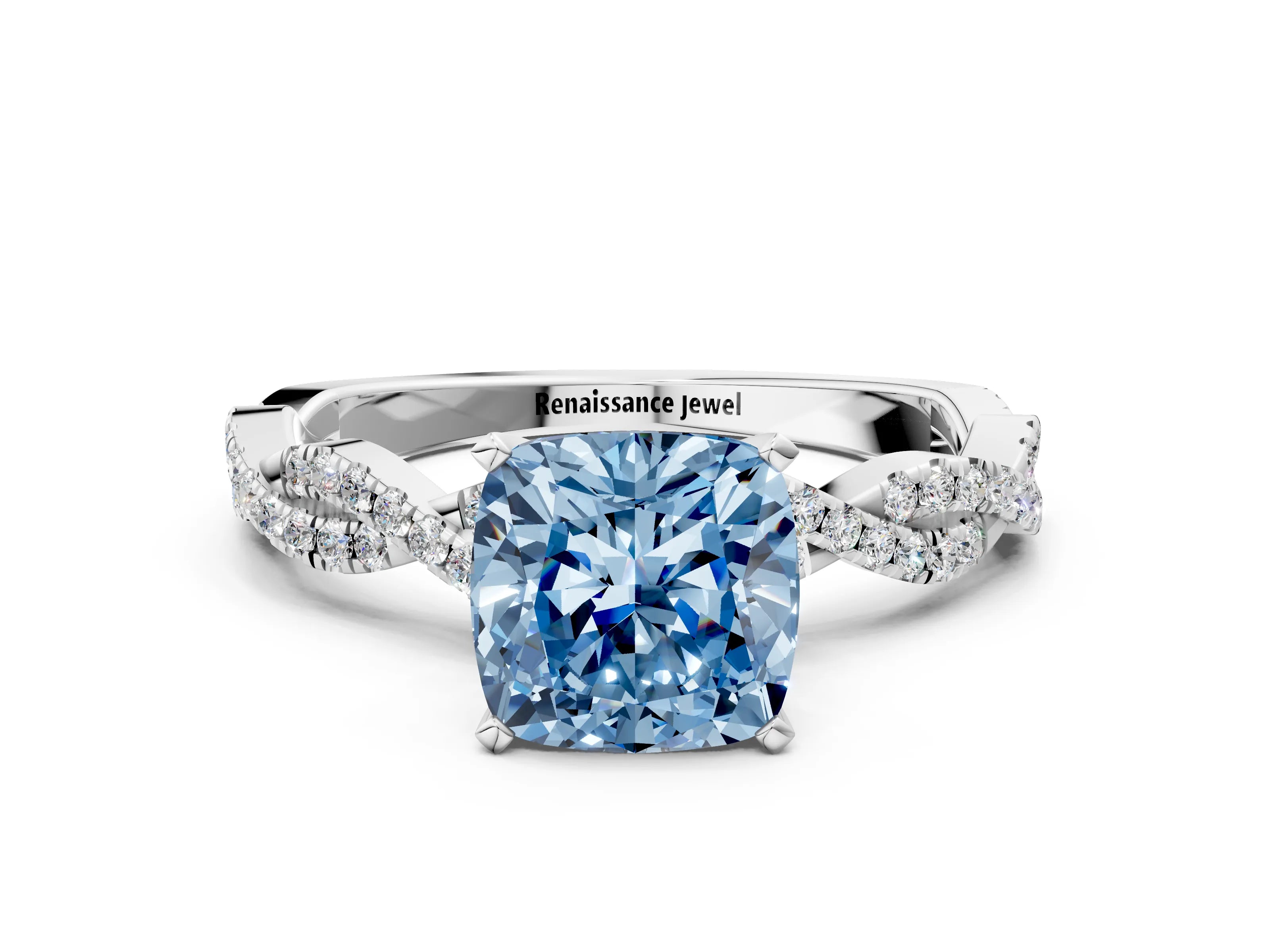 White gold Fancy Blue Cushion Cut Solitaire Twisted Pave Band with Four-Prong Setting_15