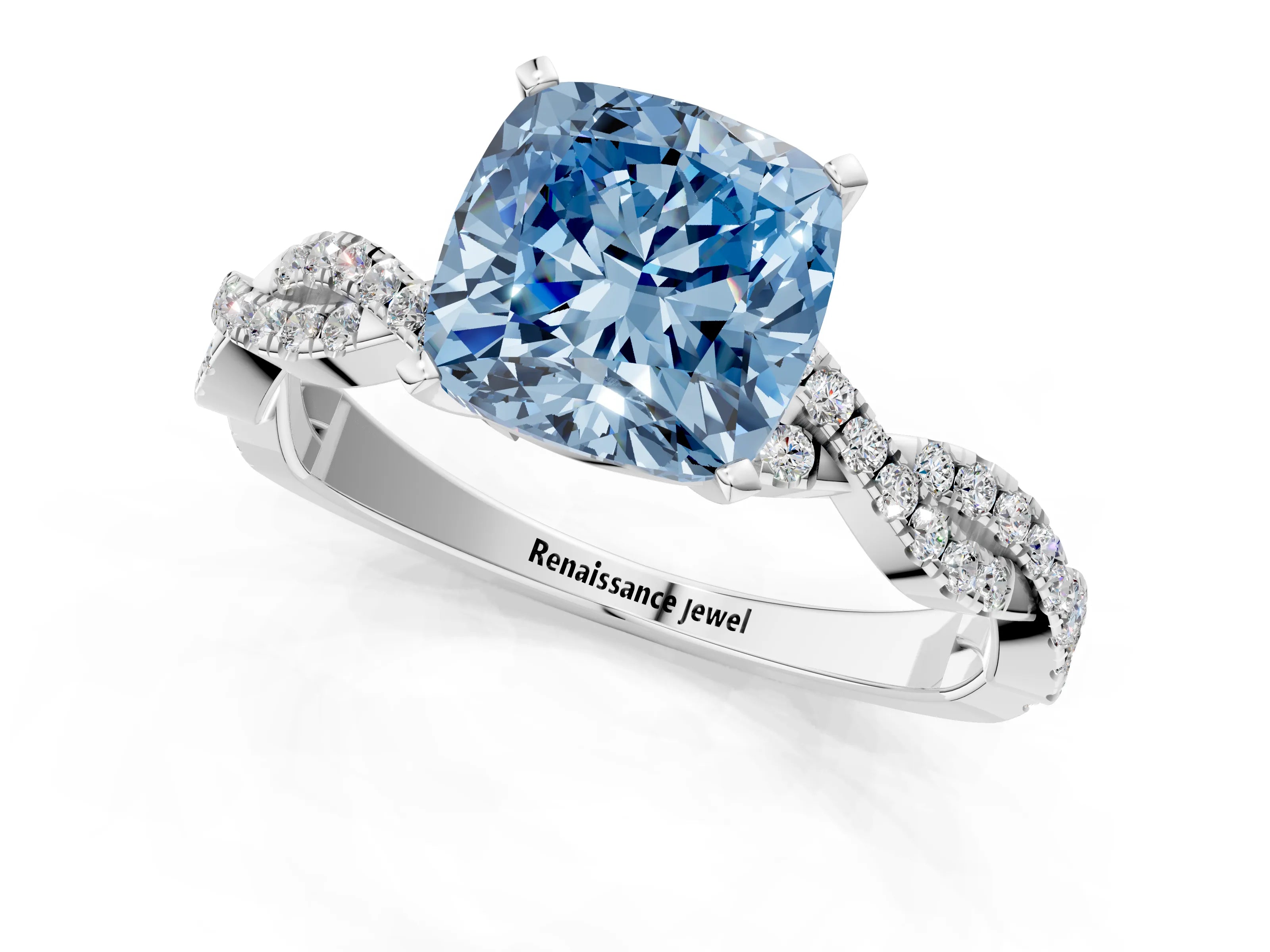 White gold Fancy Blue Cushion Cut Solitaire Twisted Pave Band with Four-Prong Setting_16