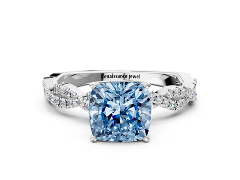 White gold Fancy Blue Cushion Cut Solitaire Twisted Pave Band with Four-Prong Setting_3