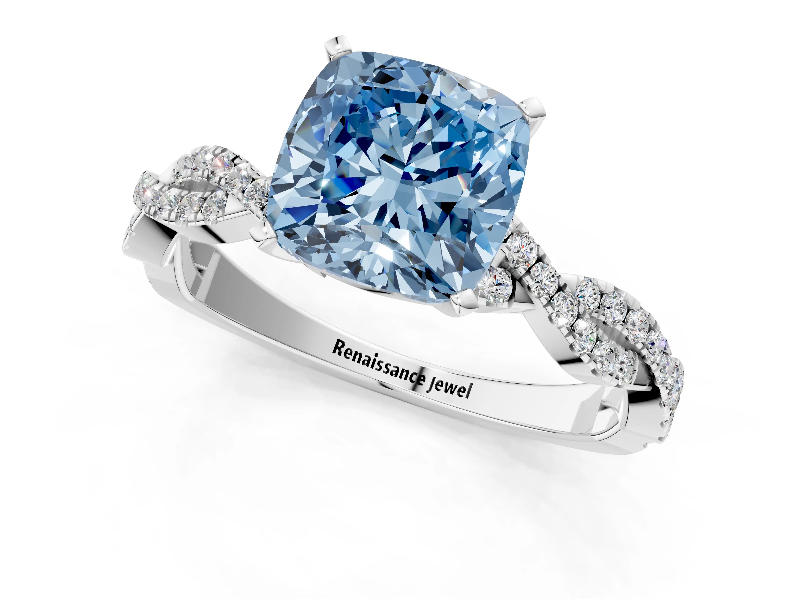 White gold Fancy Blue Cushion Cut Solitaire Twisted Pave Band with Four-Prong Setting_4