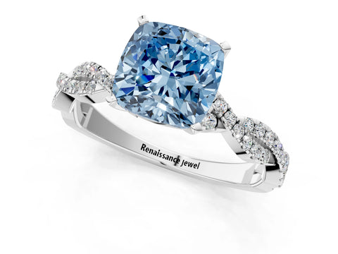 White gold Fancy Blue Cushion Cut Solitaire Twisted Pave Band with Four-Prong Setting_4