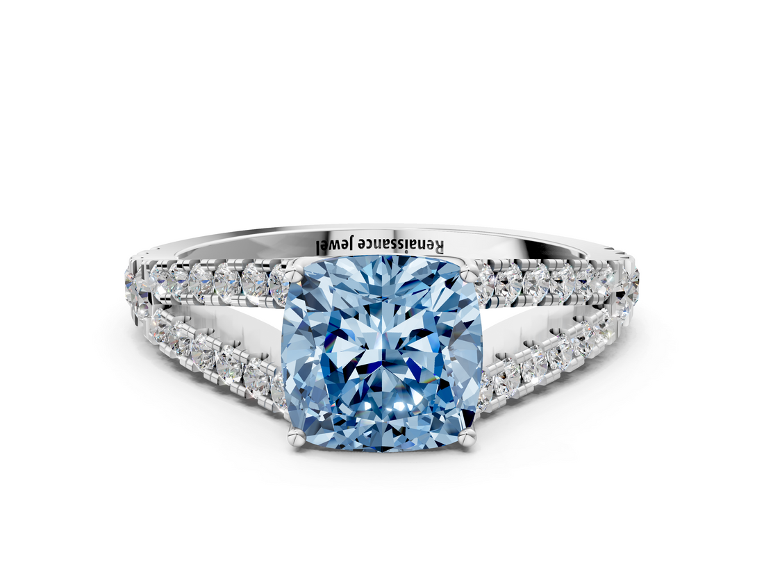 White gold Fancy Blue Cushion  Cut Split Shank Pave Diamond Engagement Ring with Four-Prong Setting_24