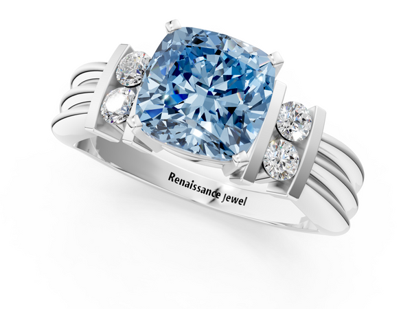 Platinum Fancy Blue Cushion  Cut Three-Stone Channel Set Ring with Bar Prongs
