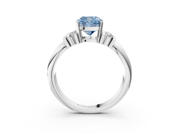 Platinum Fancy Blue Cushion  Cut Three-Stone Channel Set Ring with Bar Prongs