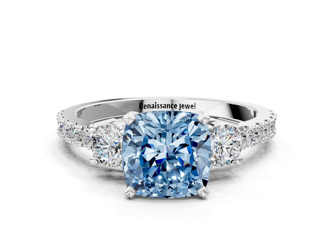 White gold Fancy Blue Cushion  Cut Three-Stone Diamond Pavé Band with Prong Setting_16
