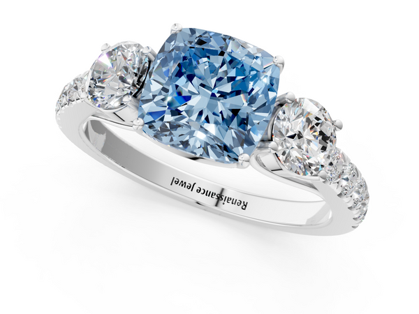 Platinum Fancy Blue Cushion  Cut Diamond Three-Stone Ring with Round Side Stones and Pavé Band
