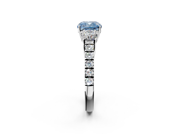 Platinum Fancy Blue Cushion  Cut Diamond Three-Stone Ring with Round Side Stones and Pavé Band