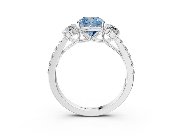 Platinum Fancy Blue Cushion  Cut Diamond Three-Stone Ring with Round Side Stones and Pavé Band
